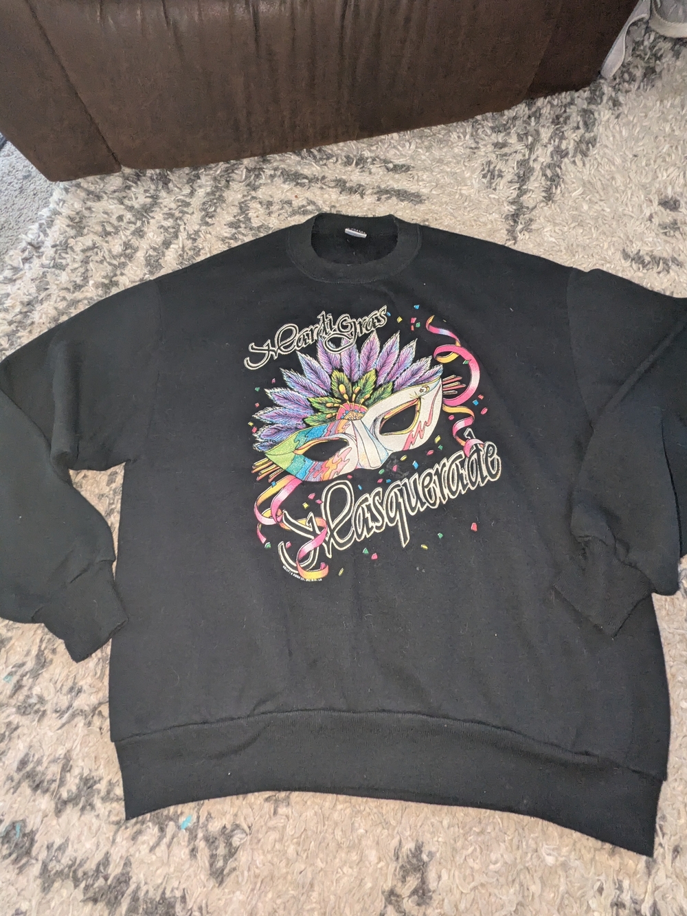 Jerzees Black Crewneck Sweatshirt with Colorful Mardi Gras Mask Graphic